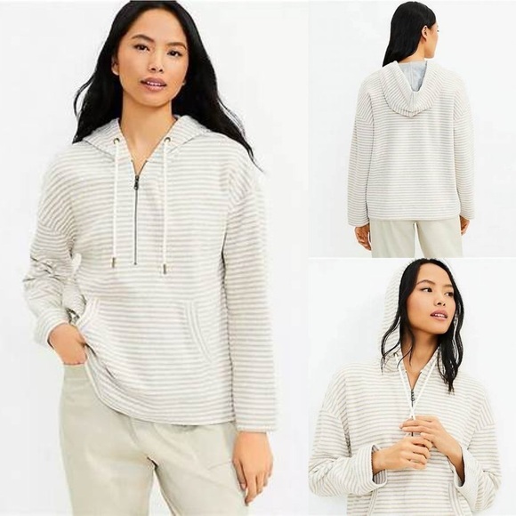 Lou & Grey Tops - Lou & Grey Striped Tweedy Hoodie Size Large Kangaroo Pocket Long Sleeve 1/2 Zip